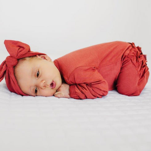 ruffle-2-way-zip-romper-brick Presley Couture at Sophia's Style-Baby Zip Romper-1